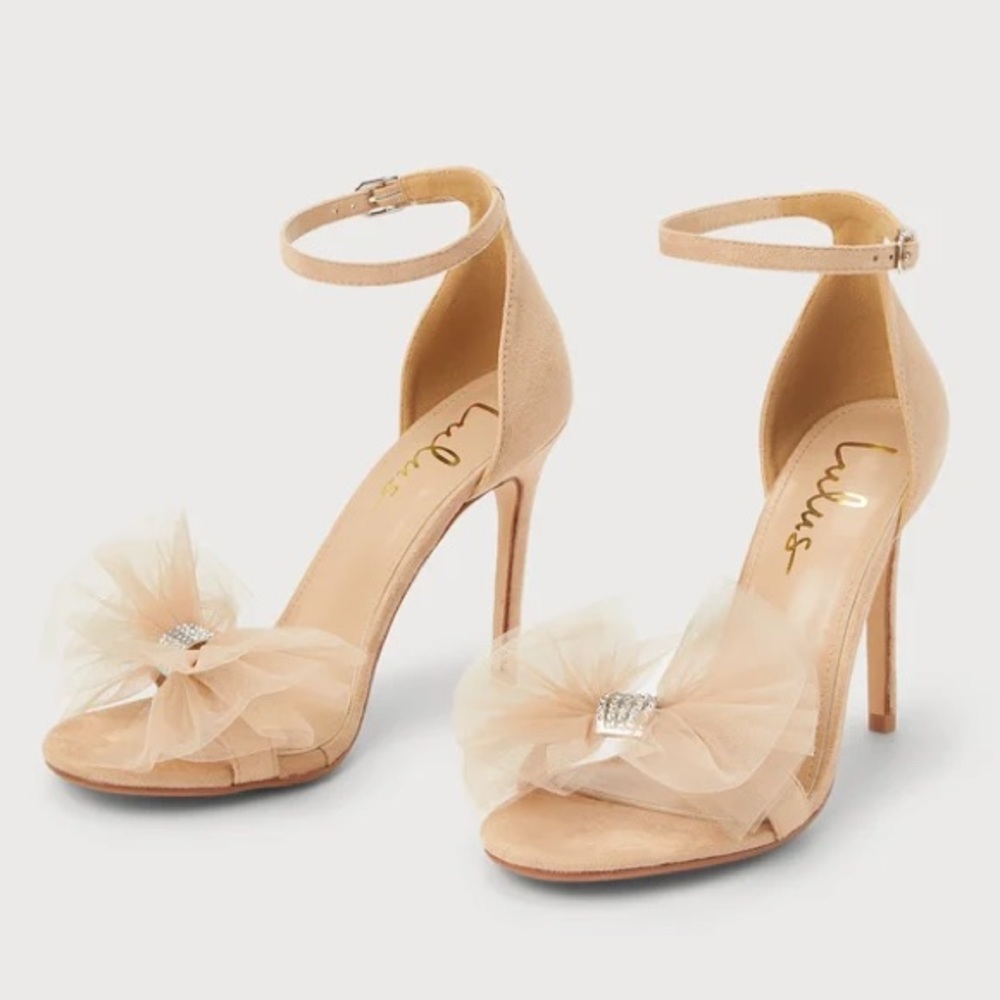 NEW Lulus Rexie Light Nude Suede Tulle Bow Ankle Strap Heels